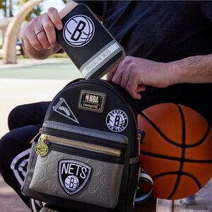 Loungefly Black & Gray Brooklyn Nets Mini Backpack with Patches
